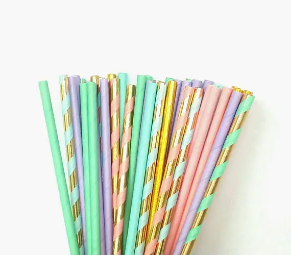 

50 Unicorn Paper Straws - Gold, Pastel Pink, Purple,Mint and Blue Drinking Straws-Pastel Unicorn Party Decorations - Pastel Birt