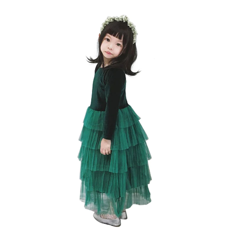 Длинные зеленые бархатные платья с вышивкой и кружевом для маленьких девочек возрастом от 2 до 10 лет Новинка года, весенне-летний бальный костюм принцессы для маленьких девочек