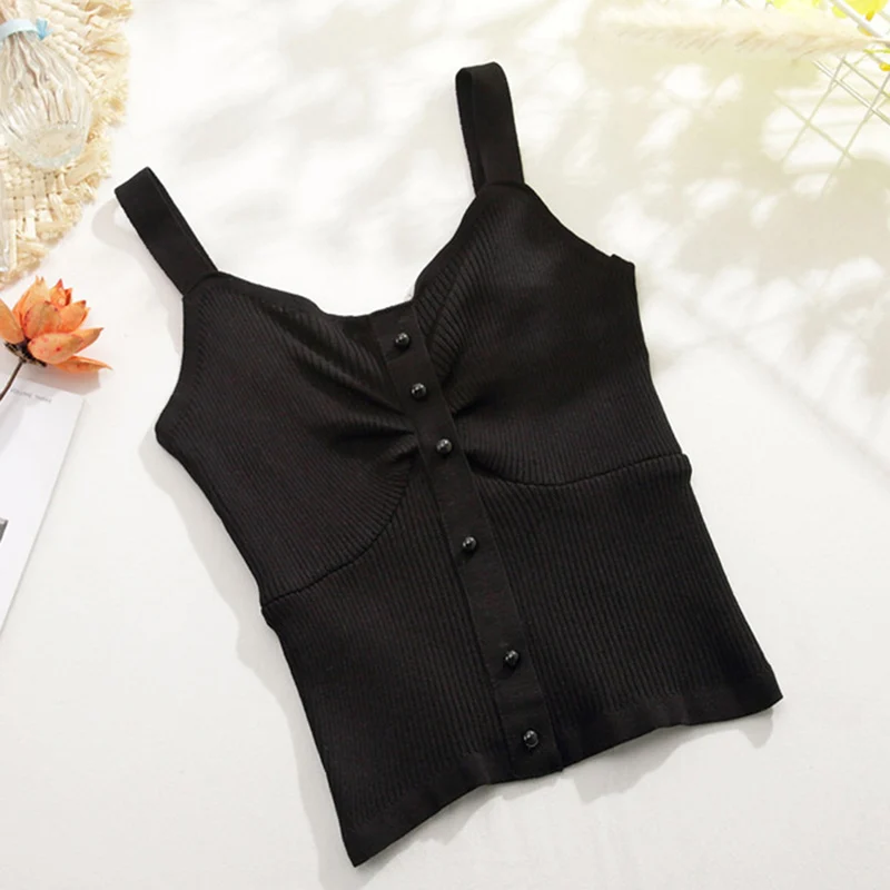 

New Women Knitted Tank Top Strap V Neck Vest Tank Bardot Tops Female Button Crop Tops Solid Casual Vest Cropped Clothes