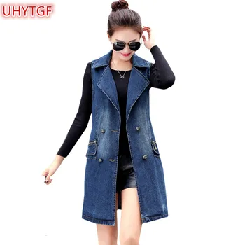 

UHYTGF Autumn denim vest women 2018 Korean Plus size Double-breasted sleeveless jean ladies long vest elegant women's coats153