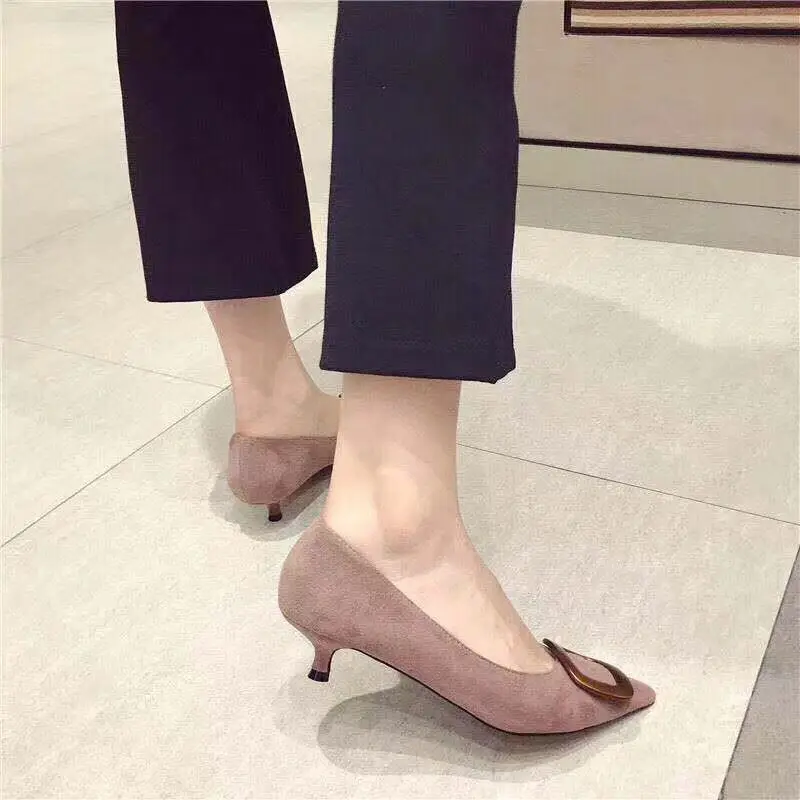 New Fashion Women High Quality Sheepskin Kid Suede Leather Office Lady Pump Med Heels Shollow Elegant Pointed Toe Dress Shoes