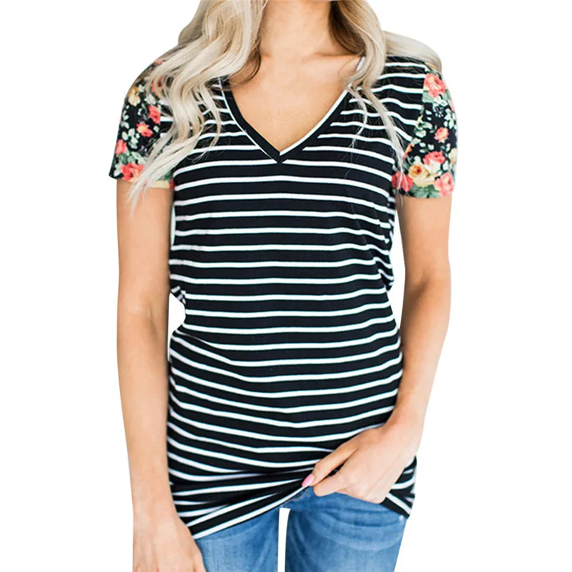2018 Summer Tee Women Stripe Top Fashion Ladies v neck Daily Polyester