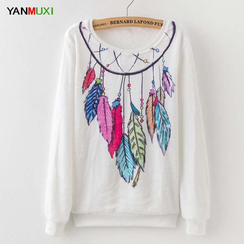 

YANMUXI Long Sleeve Women Sweatshirts Pullovers 2017 Tribe Feather Print Hoodies Autumn Winter Casual Chirstmas White Hoodie