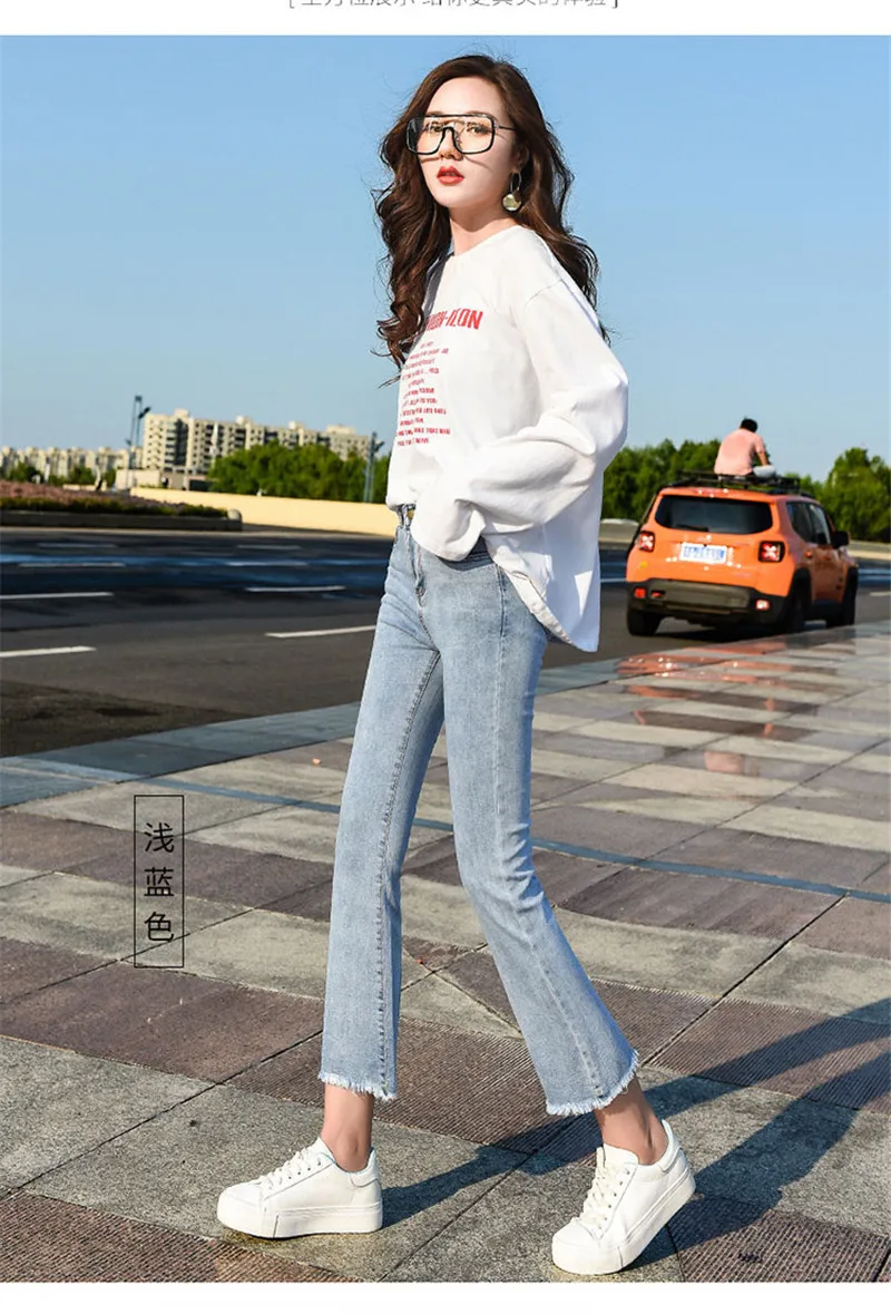 Women Spring Elastic Denim Pocket Button Casual Boot Cut Pant Jeans Female High Waist Flare Jeans Ankle Length Skinny Pants 2022 denim jacket for women