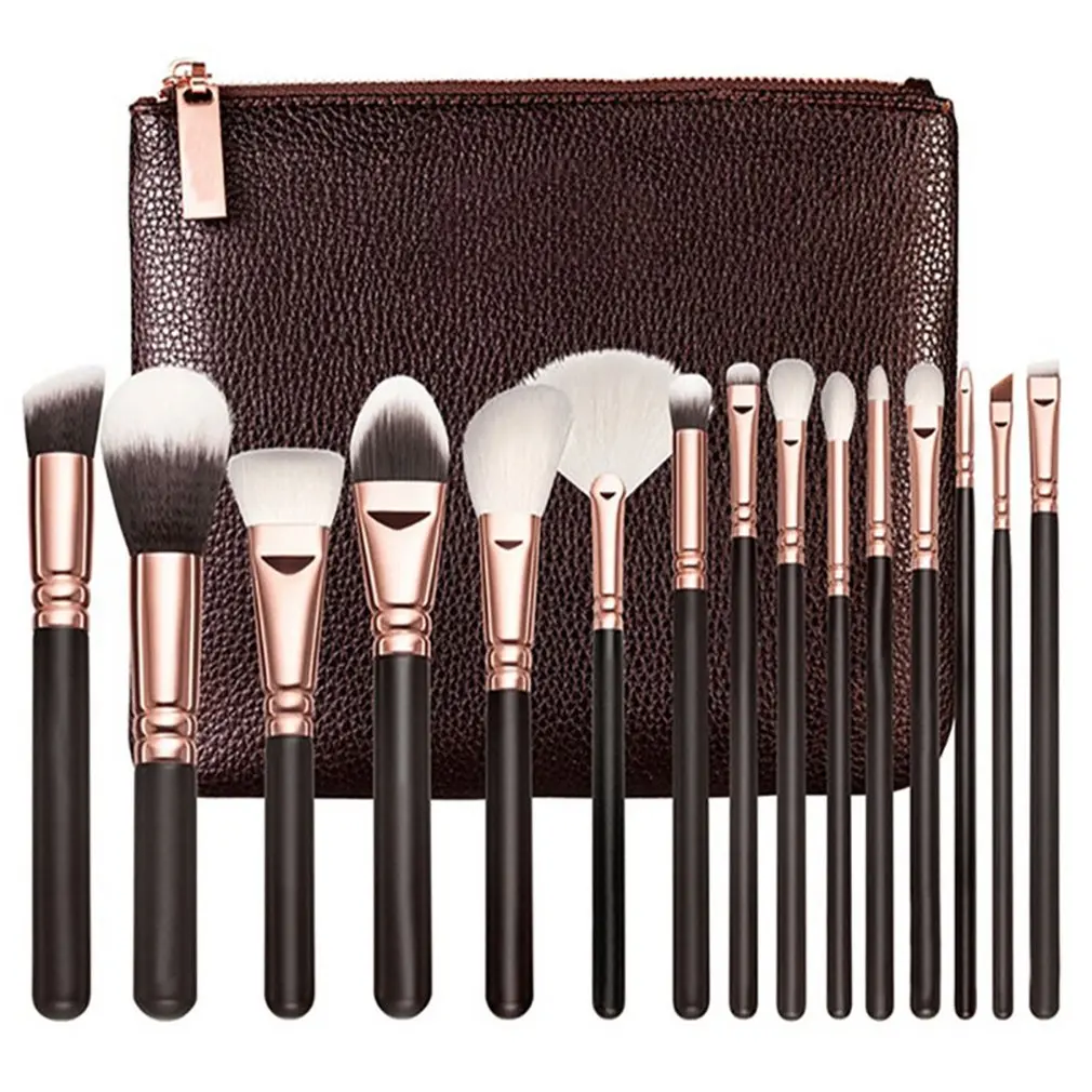 

15 Makeup Brush Set Eyeshadow Brush Blush Brush Rose Gold Black Wooden Handle With Bag Beauty Tools