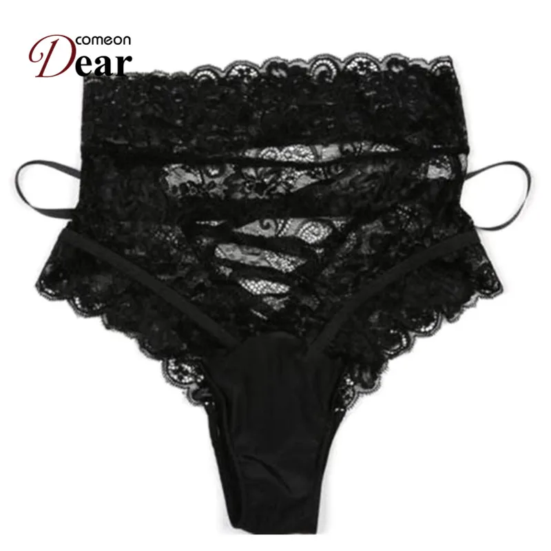 Comeondear Boy Shorts Lace Strappy Open Cortch Plus Size Lace Woman Panties Underwear Black High Waist Ladies Panties PK5139