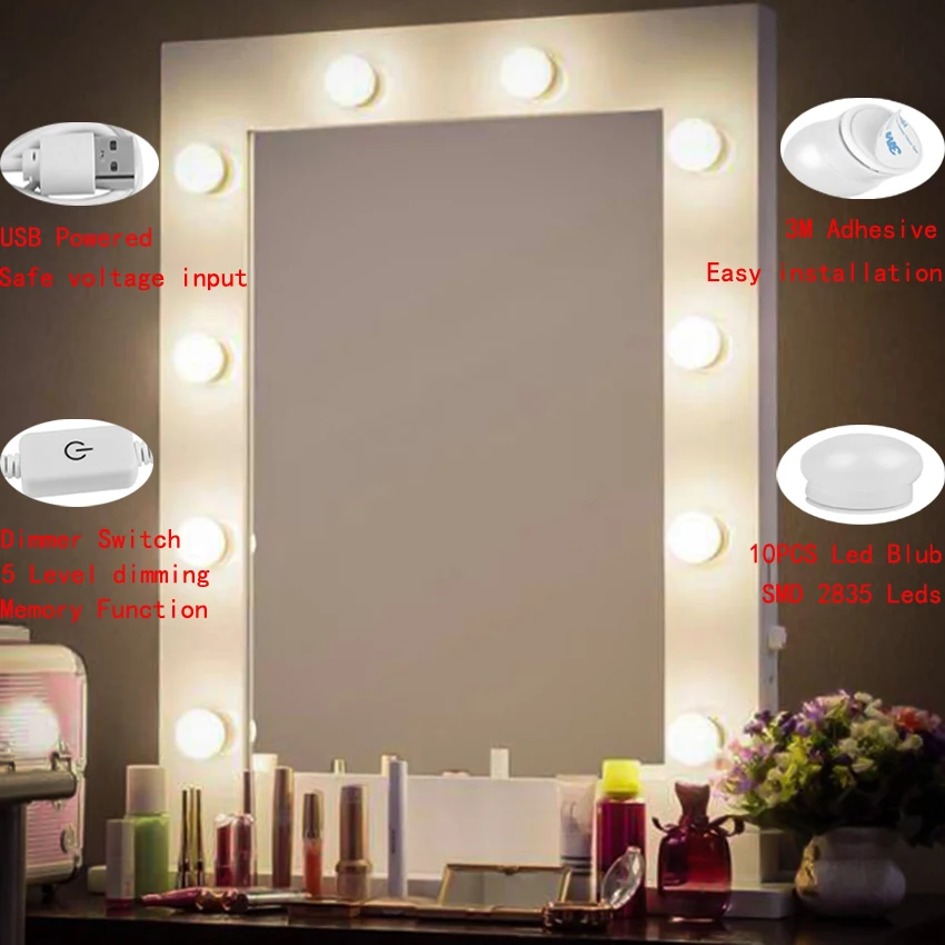 Hollywood Makeup Mirror Light Usb Bathroom Wall Lamp Dimmable Led