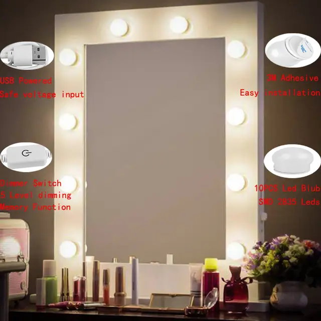 Us 18 85 34 Off Hollywood Makeup Mirror Light Usb Bathroom Wall Lamp Dimmable Led 5v Mirror Headlight Led Vanity Mirror Light Bulb Kit Lighting In