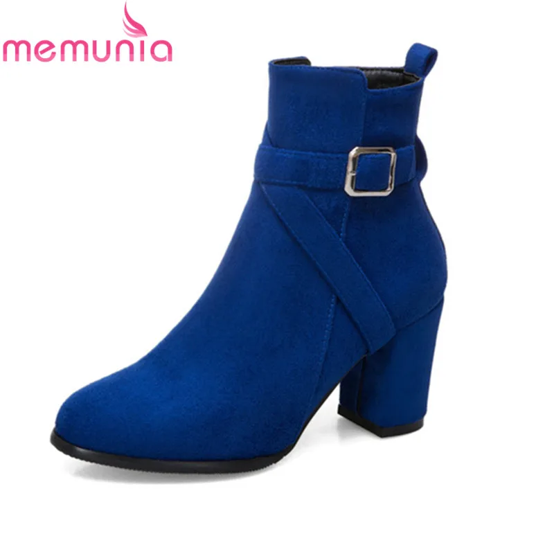

MEMUNIA big size 33-48 new arrival 2018 ankle boots with buckle 7.5cm thick heels boots flock women's winter elegant boots