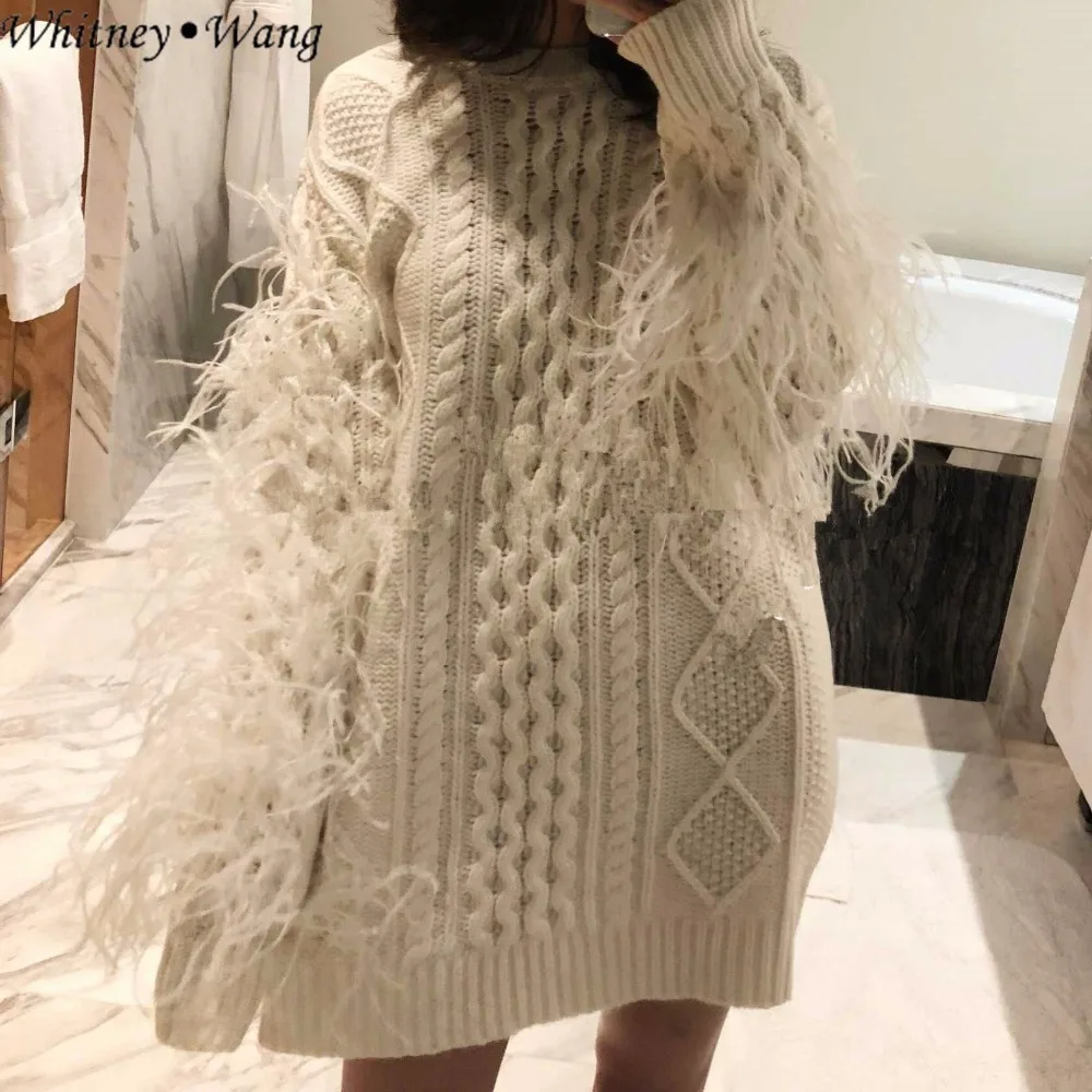 

WHITNEY WANG 2018 Autumn Winter Fashion Streetwear Ostrich Feathers Sweater Women jumper PulloverS WW-2171