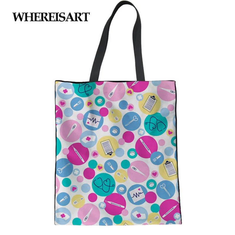

WHEREISART Women Canvas Shopping Bag Nurse Casual Tote Sac Shopping Pliable Tissu Trip Bags For Girls Eco-friendly Cotton Bags