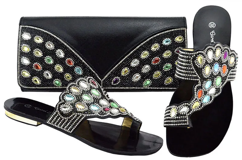 

SB8212-6 black slippers shoes with many stones matching clutches bag with size 38-43 fashion african ashoes and bag set