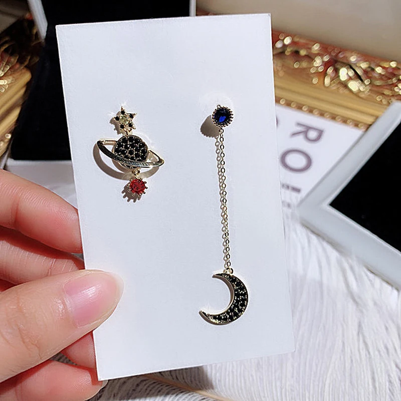 

Asymmetrical Star Moon Planet Dangle Earrings for Women Jewelry Personality Micro-inlaid Zircon Rhinestone Long Drop Earrings