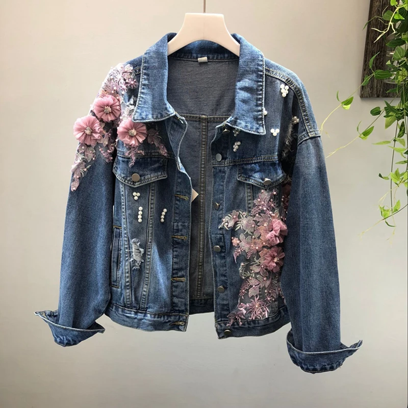 

Fashion Europe Women Coat 2019 Manual Three-dimensional Beaded Pink Embroidered Hole Denim Jacket Casual Wild Cowboy Jacket C196