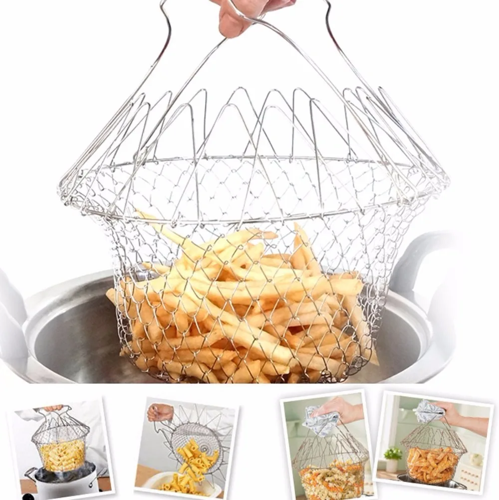 Fry French Chef Basket Foldable Steam Rinse Strain Magic Stainless Steel Strainer Net Basket for Kitchen Cooking Gift