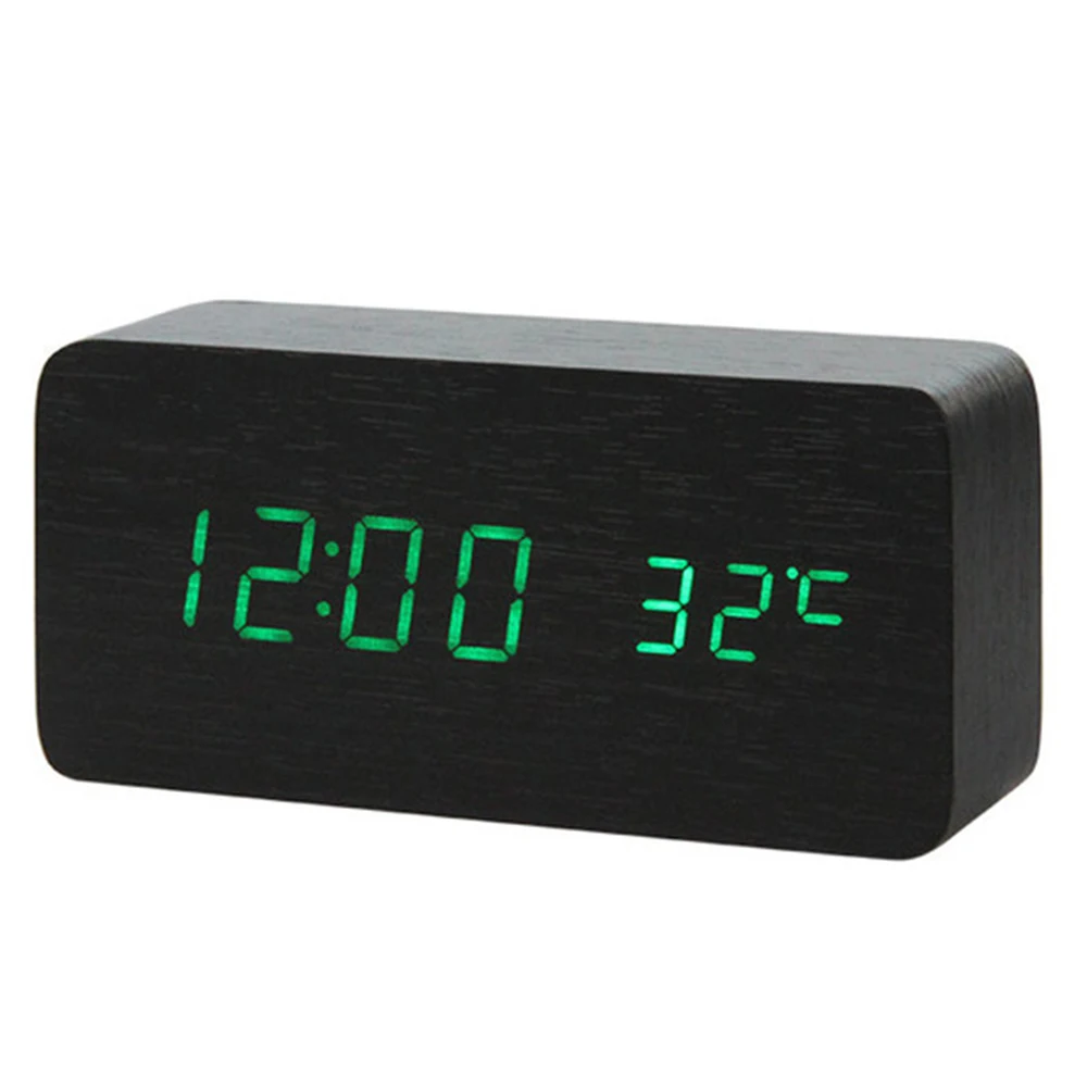 Светодиодный Будильник с голосовым управлением, цифровой термометр с деревянной подсветкой, деревянные ретро светящиеся часы, настольные светящиеся будильники - Цвет: Green Number Black