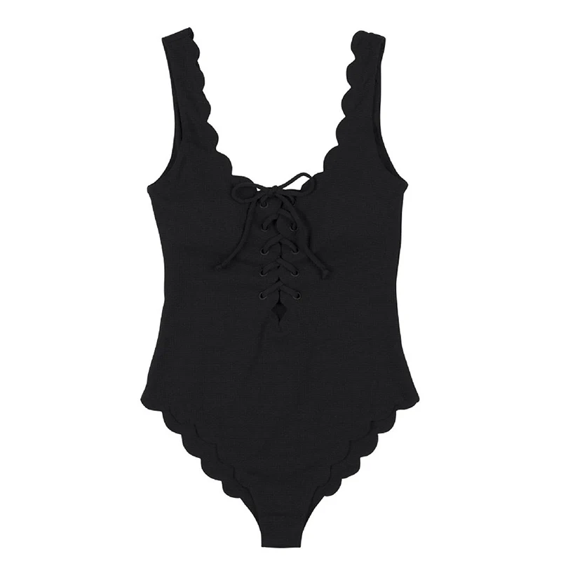 PLAVKY, сексуальный, ребристый, с овальным вырезом, волнистый, кружевной, с завязками, купальник, монокини, женский, с открытой спиной, одежда для плавания, женский, цельный, для плавания - Цвет: Black Swimsuit