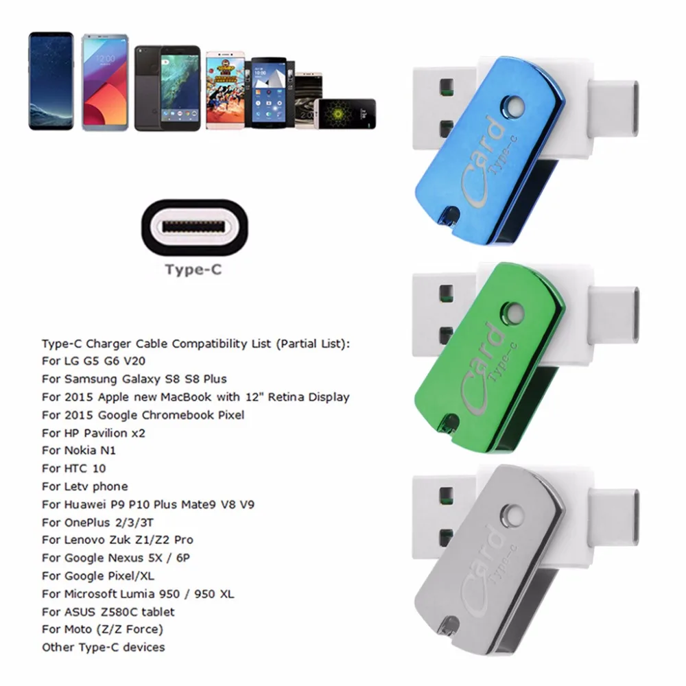 Mini USB 3,1 Тип C USB-C Micro SD Card Reader адаптер для ПК Macbook Chromebook S8 Примечание 8 G6 V30 телефона