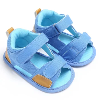 

Infant Kids Boy Shoes Soft Sole Crib Toddler Sandals Summer Sandal Casual Patch Hook Baby Jean Cloth Beach Blue and Dark Blue