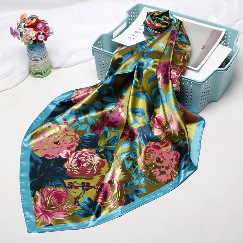 

Fashion Purple Hair Scarf For Women Floral Print Silk Satin Hijab Scarfs 90cm Square Shawls Neckerchief Scarves For Ladies 2019