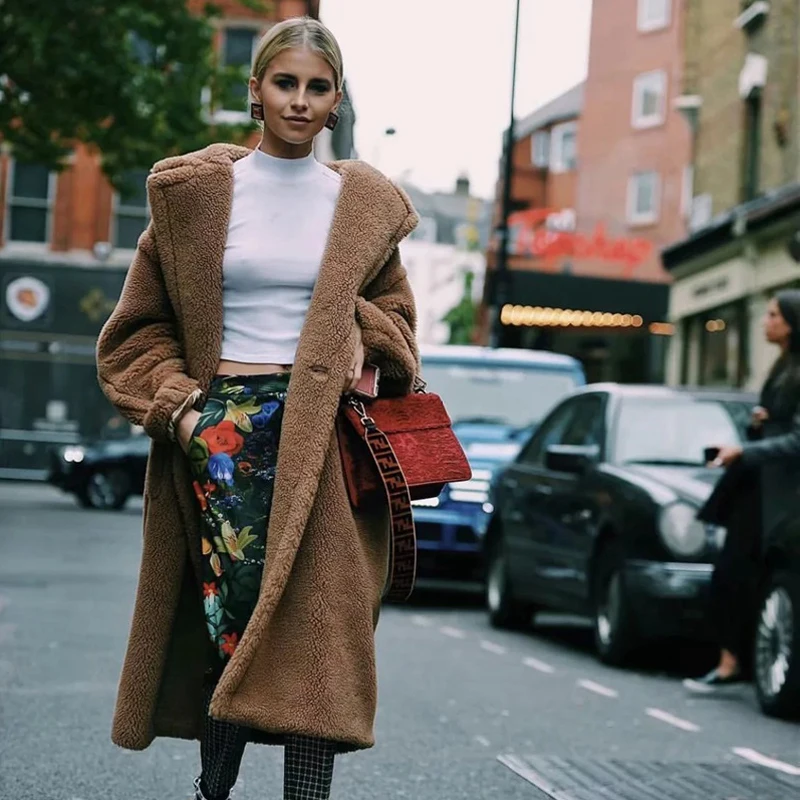 Nagodo teddy coat 2018 winter long faux fur coat women brown red casual lamb wool coat warm oversized furry plush coat plus size
