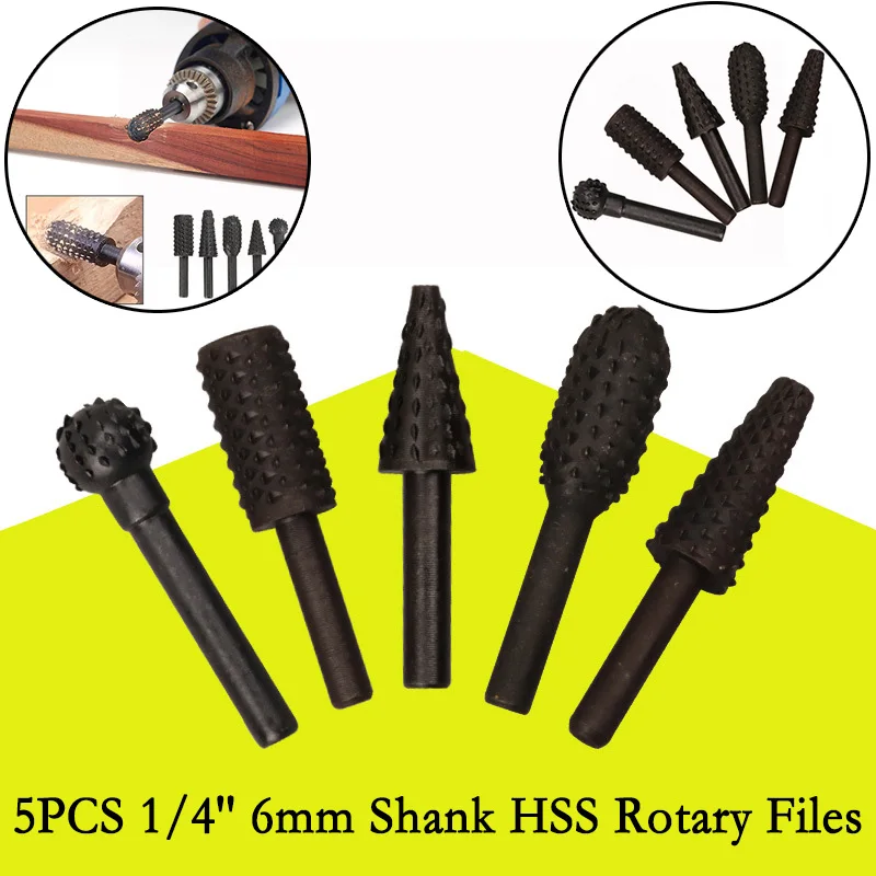 

5PCS 1/4'' 6mm Shank HSS Rotary Files Burr Drill Rotary Rasp Burr Metal Plastic Woodworking Soft Metal Grinding Hand Tool Set