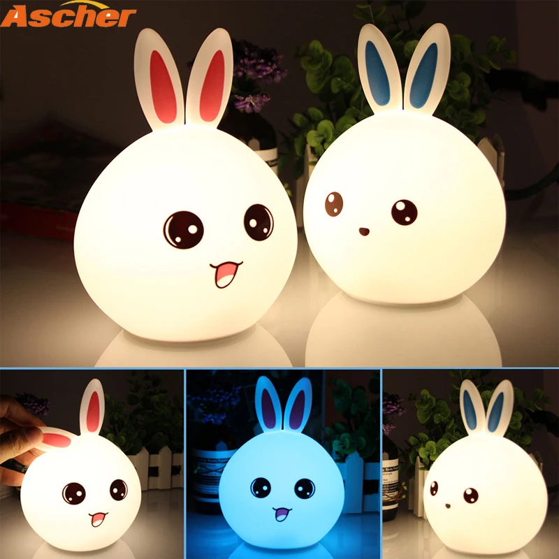 

Cute Rabbit Multicolor Silicone Baby Nursery Lamp Touch Sensor Tap Control USB Rechargeable Kids Toy LED Table Night Bunny Light