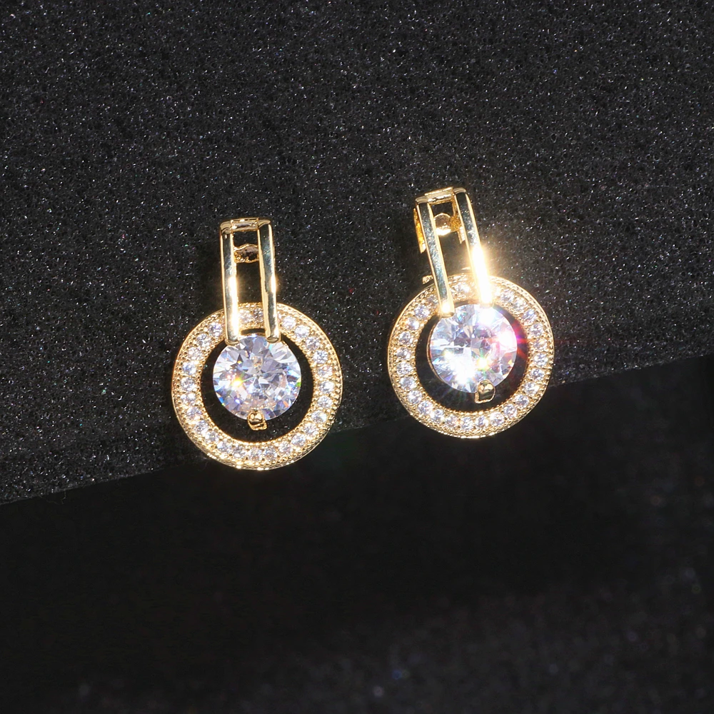 

New Sparkling Round Halo Gold Dangling AAA Cubic Zirconia Stud Earrings CZ Wedding Earrings For Women Bridal Party Jewelry Gifts