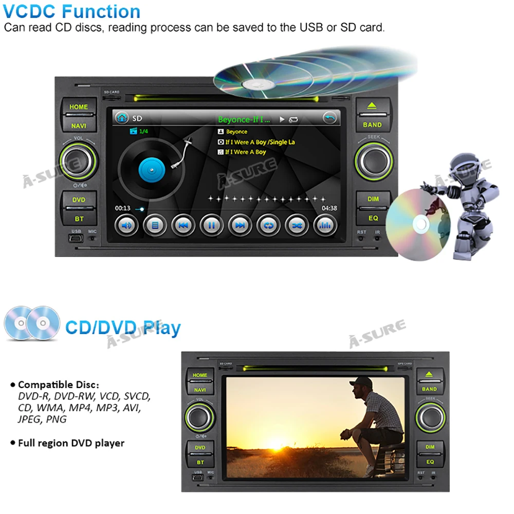 Excellent A-Sure 2 Din Car Auto Radio GPS DVD Player Navigation For Ford Transit Focus Galaxy S-Max C-Max Fusion Fiesta SWC Bluetooth DVD 2