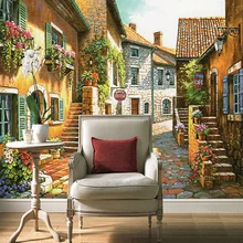 Papel tapiz Mural fotográfico personalizado 3D casa Vintage pueblo Pastoral y camino con papel de pared de flores para sala de estar TV sofá fondo