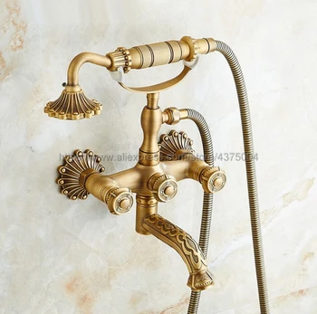 New Antique Brass Wall Mounted Bathroom Clawfoot Bathtub Faucet & Hand Shower Basin Sink Mixer Tap & Hand Shower Ntf750 oubini bathroom basin sink faucet shower set faucet with hand shower black water mixer tap faucets wall mounted telephone type