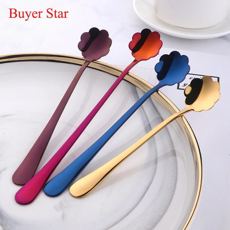 

Long Handled Stainless Steel Petal Spoon 3pcs Coffee Spoon Colorful Dessert Tea Stirring Spoon Kitchen Supplies Luxury Tableware