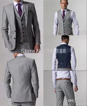 Tanie Jasnoszary Dwa Przyciski Notch Lapel Groom Smokingi/oblubieniec Drużbą Garnitur Pana Młodego Garnitury ślubne Dla Mężczyzn (kurtka + Spodnie + Kamizelka + Krawat)