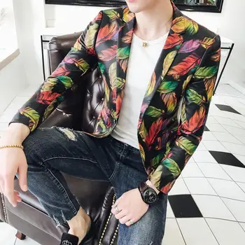 

Colorful Feather Print Mens Blazer Jacket 2018 New Fashion Designer Jacket Men Stylish Blazer Masuclino 4xl 5xl Terno Masculino