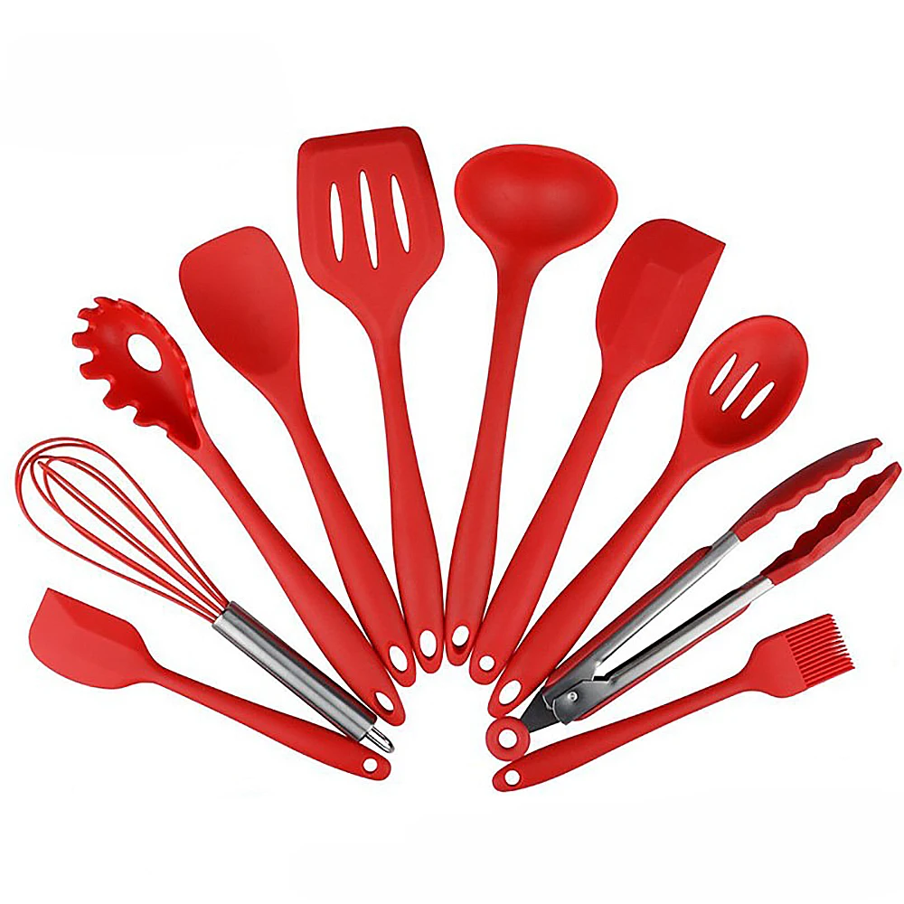  5pcs 10pcs Silicone Kitchen Utensils Set Non-stick Cooking Spatula Tongs Scraper Egg Beater Oil Bru