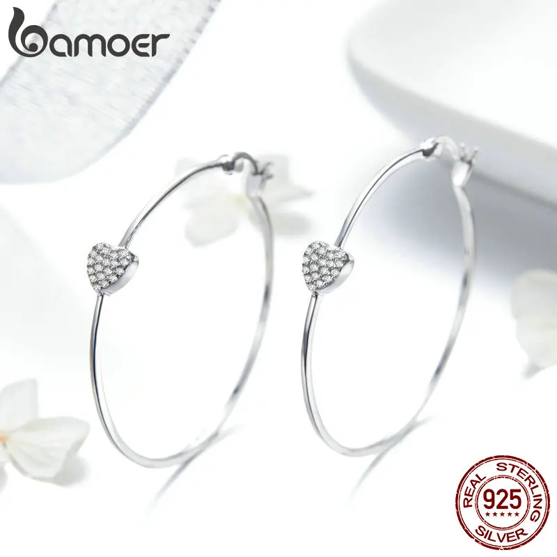 BAMOER Authentic 925 Sterling Silver Big Circle Love Heart Shape Clear CZ Drop Earrings for Women Wedding Silver Jewelry SCE518