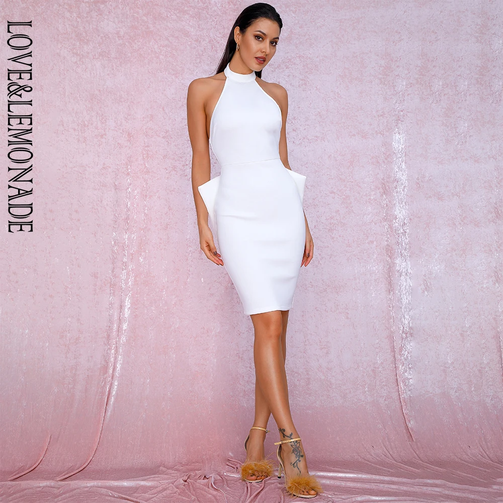 

LOVE&LEMONADE Sexy White Stand Collar Open Back Cut Out Big Bow Slim Fit Party Dress LM81920 Autumn/Winter