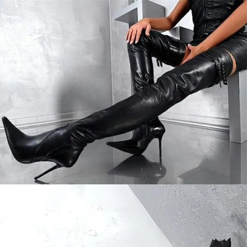Sexy-Solid-Black-Leather-Over-the-Knee-Boots-Buckled-Knight-Boots ...