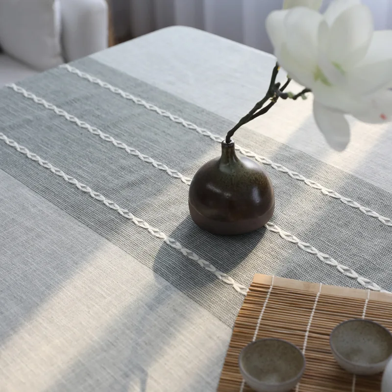 

New Stripe Pattern Gray Cotton Linen Table Cloth Japan Style Home Dustproof Table Cover 1pcs Soft Dinner Tea End Tablecloth