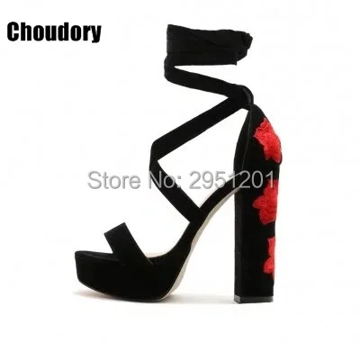 floral embroidered chunky heels
