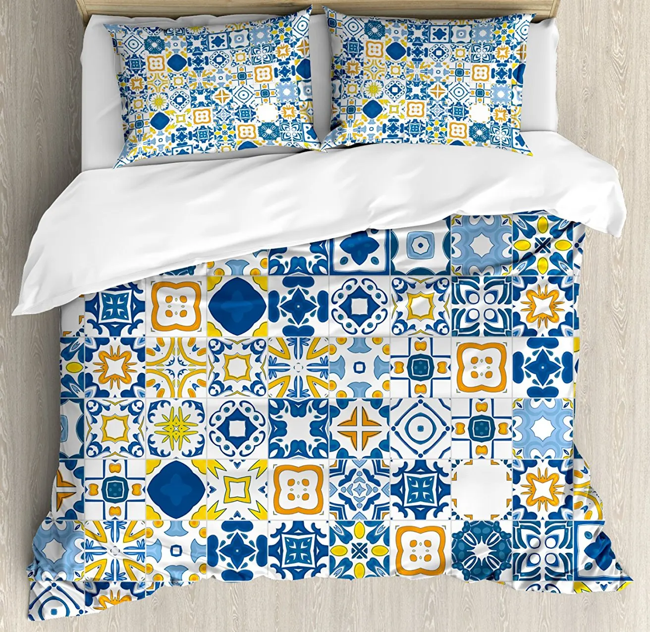 Yellow and Blue Duvet Cover Set Mosaic Portuguese Azulejo Mediterranean