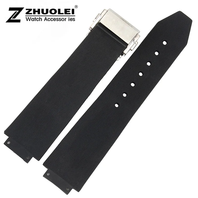 

Watch band 21mm Replacement Black Natural Rubber Strap Silver Brushed Deployment Watch buckle
