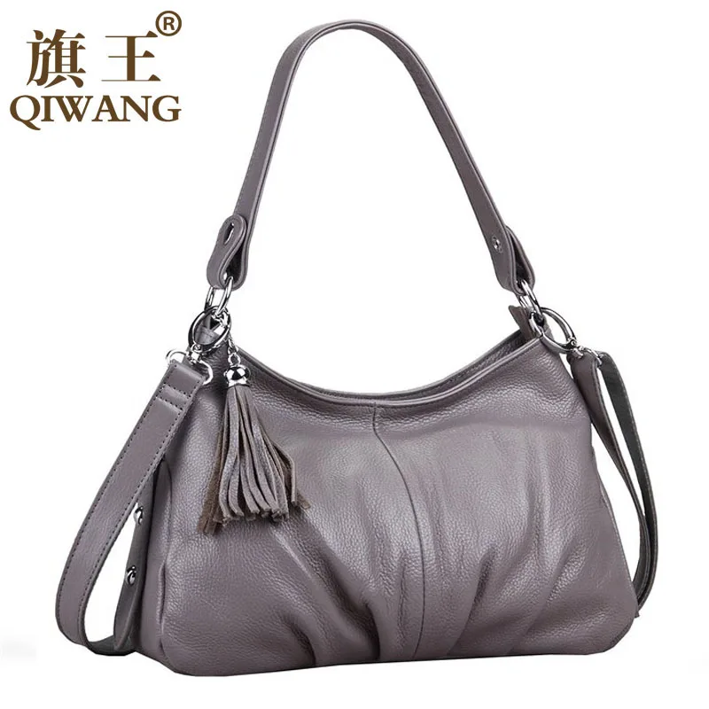 

QIWANG Brand Fashion Woman Bag Small Ruched Shoulder Bag Luxury Leather Hobo Small Handbag Long Strap Cross body Tassel Bag