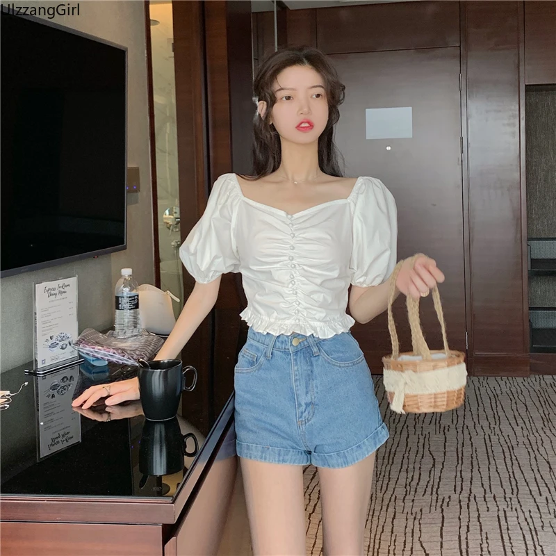 

Pearls Single Breasted Button Puff Short Sleeve Vintage Square Off Shoulder Sexy Crop Top Women Ruffles Blouse Korean Shirt Cute