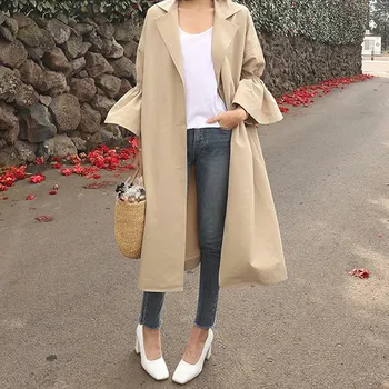 

2019 Autumn Fashion Trench Coats Women's Casual Loose Windbreaker Trumpet Sleeve Khaki Long Trenchs Outerwear For Woman DS50703