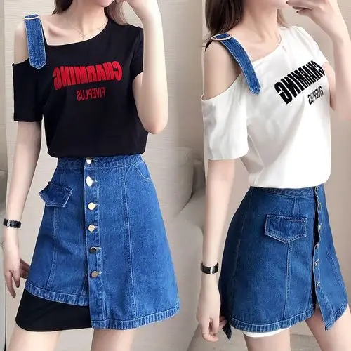 

Fashion New 2019 Casual Two Piece Set Plus Size Letter Brief Korean 2 Pcs Set High Waist Single Breasted Irregular Twinset