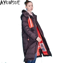 AYUNSUE/Высококачественная зимняя куртка для женщин, новинка года, толстая белая парка на утином пуху, европейская парка с капюшоном Orang/Черная Женская длинная куртка LX281