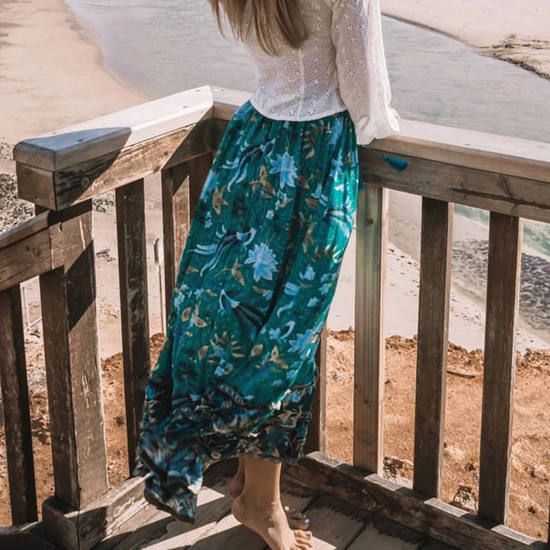 

KHALLE YOSE Green Mixi Skirt Floral Long Summer Skirts Women Elastic Waist Ruffles Frill Tiered Holiday Boho Hippie Beach Skirt
