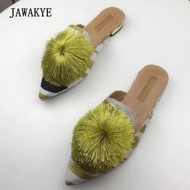 

2018 Fur Ball Slippers Woman Pointed Toe Mixed Color Lemon Yellow Blue Rosy Red Silk Gladiator Sandals Women Mules Shoes Women