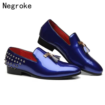 

High Quality Shiny Patent Leather Mens Shoes Casual Loafers 2019 Sexy Rivet Italian Tassel Party Wedding Mocassin Homme